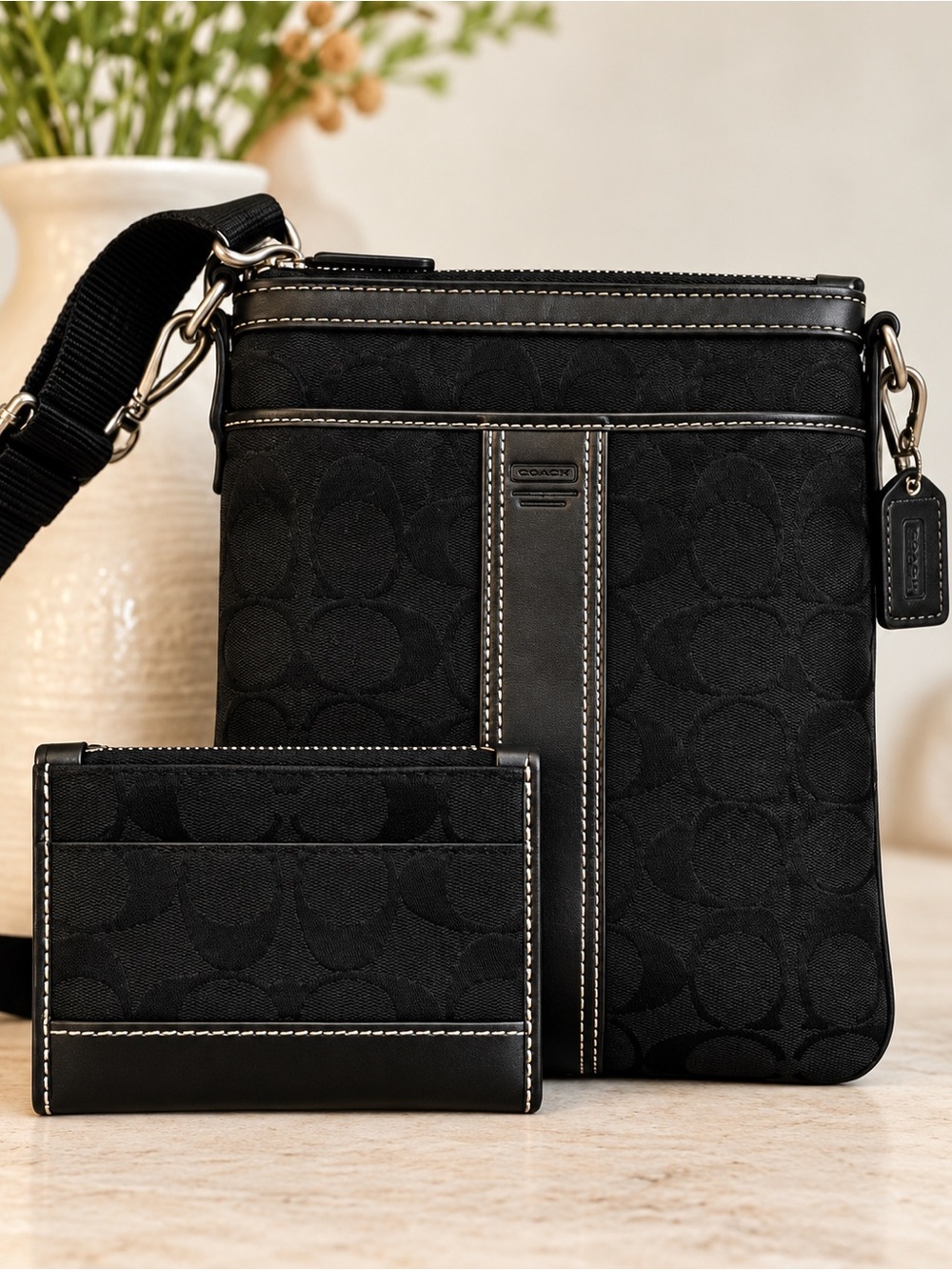 Coach 6016 Black Signature Swingpack Crossbody & Matching Wallet Set Y2K